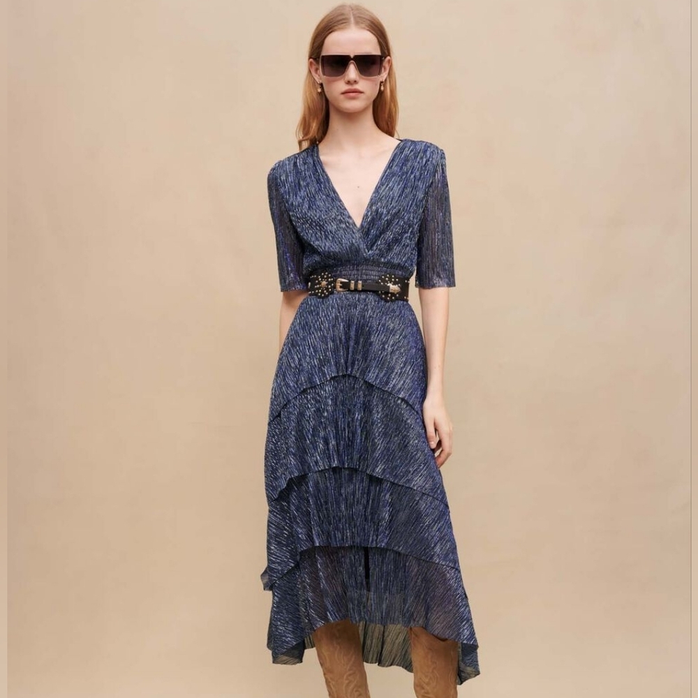 Maje Stretch Lurex Ruffle Dress - Navy Blue Metallic Print - Size 36